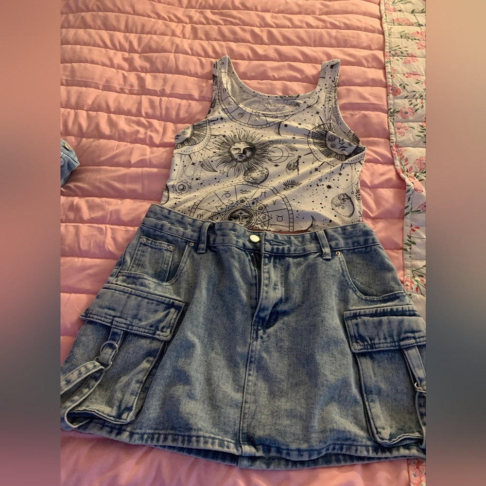Orange Kiss Astrological Tank and Denim Skirt